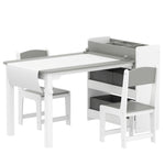 Conjunto de mesa y 2 sillas infantiles de madera con rollo de papel, estantes y cajones, para niño y niña de 3 a 8 años, gris