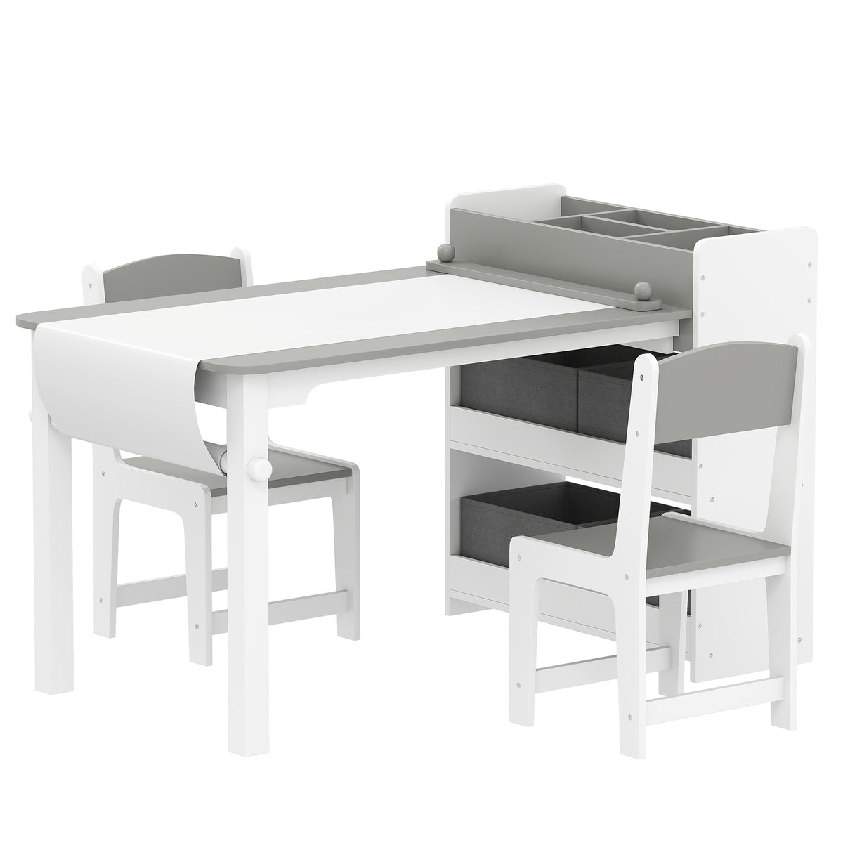Conjunto de mesa y 2 sillas infantiles de madera con rollo de papel, estantes y cajones, para niño y niña de 3 a 8 años, gris