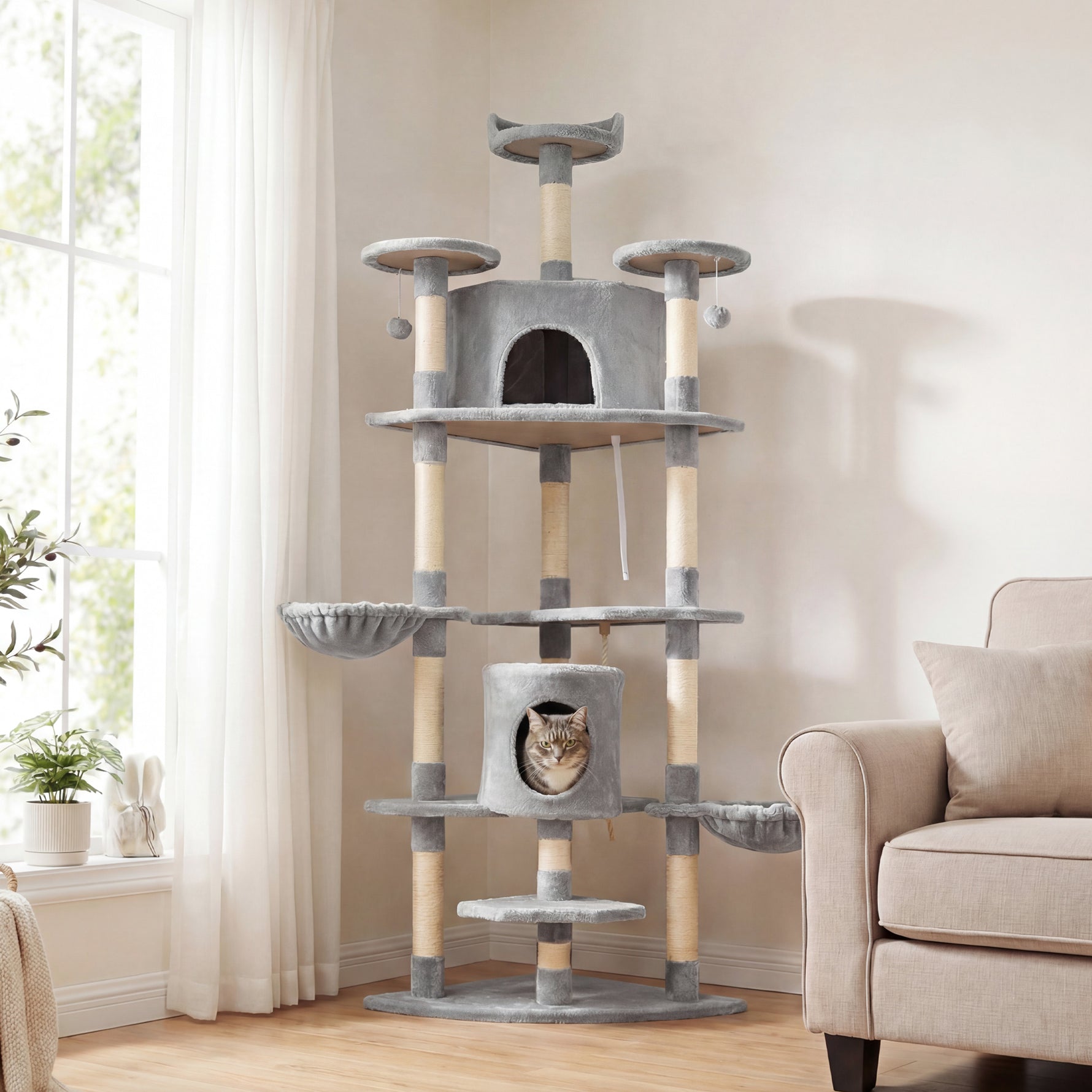 Arbre à chat XXL arbre à grimper pour chat multi-équipements griffoirs 6 plate-formes 2 niches hauteur 200 cm gris