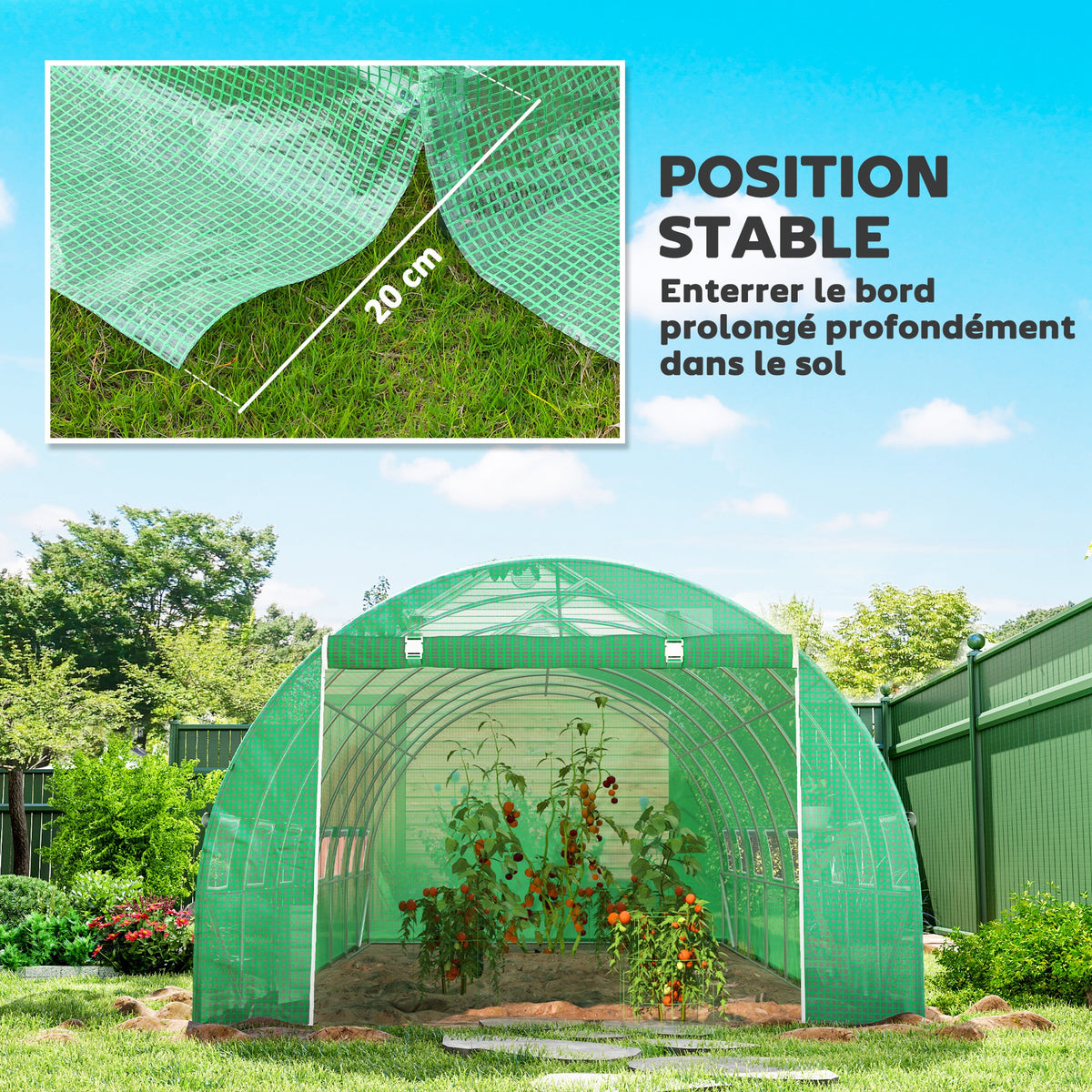 Serra da giardino a tunnel 24m² 8L x 3P x 2A m - 16 finestre, porta avvolgibile con cerniera, acciaio galvanizzato, telo in PE, verde