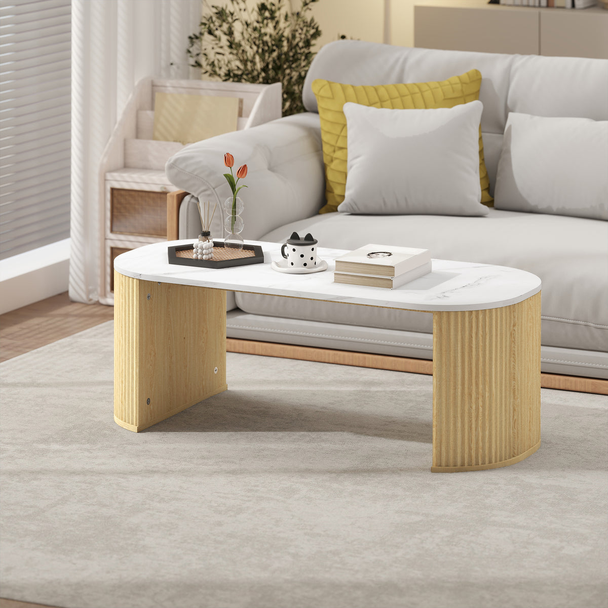 Mesa de centro ovalada, mesa auxiliar con aspecto de mármol, esquinas redondeadas y patas gruesas, 110 x 50 x 40 cm, blanco