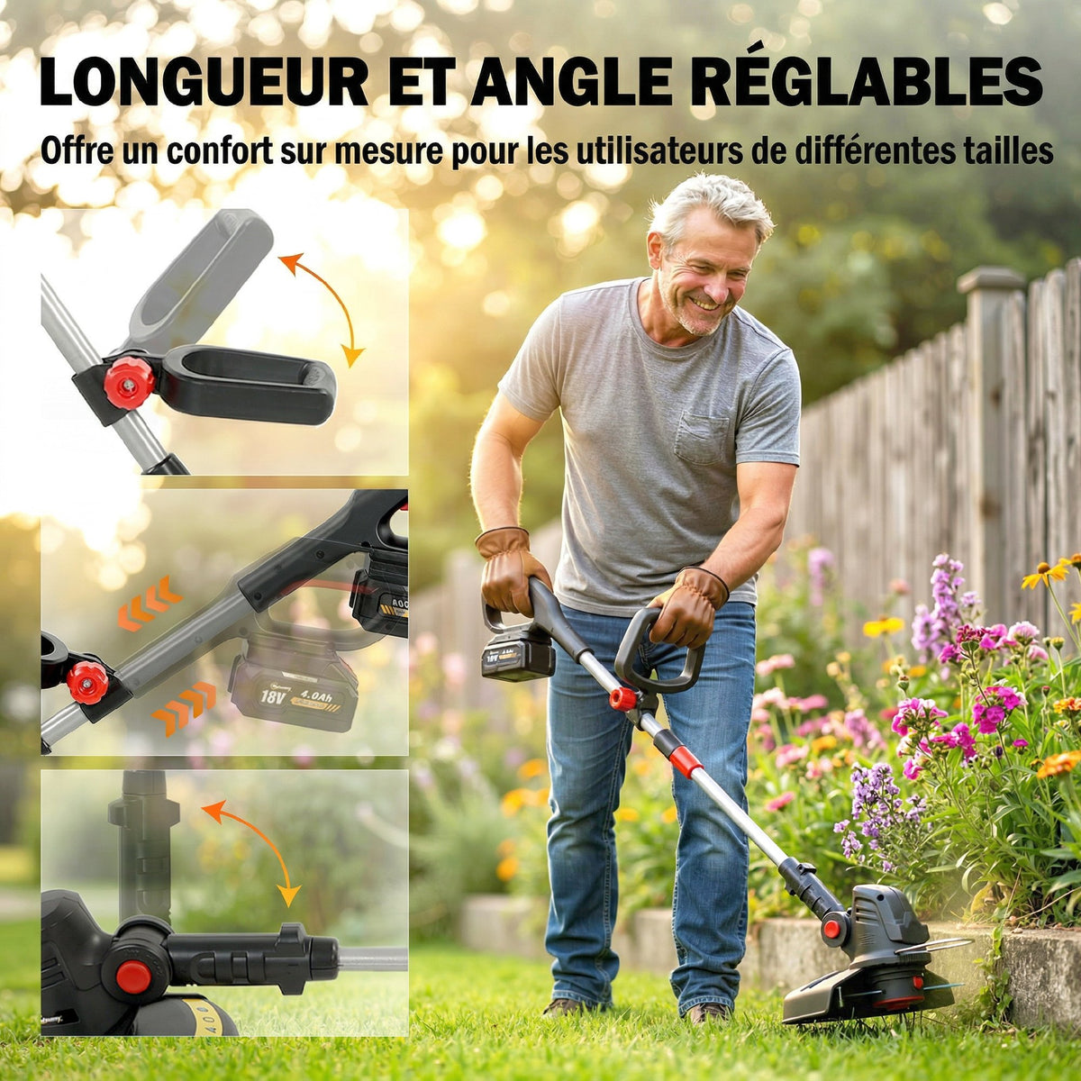 Coupe-Bordures sans Fil 18V, 2 Batteries 4,0 Ah, Chargeur, Coupe 25 cm, Manche Télescopique, 124x32x19cm, Argent