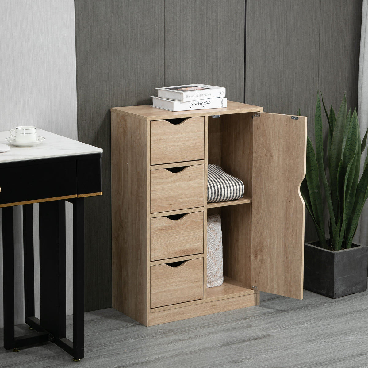 Mobile contenitore dispensa cassettiera moderno 1 anta e 4 cassetti - in legno - per soggiorno, cucina, ingresso, sala da pranzo - marrone