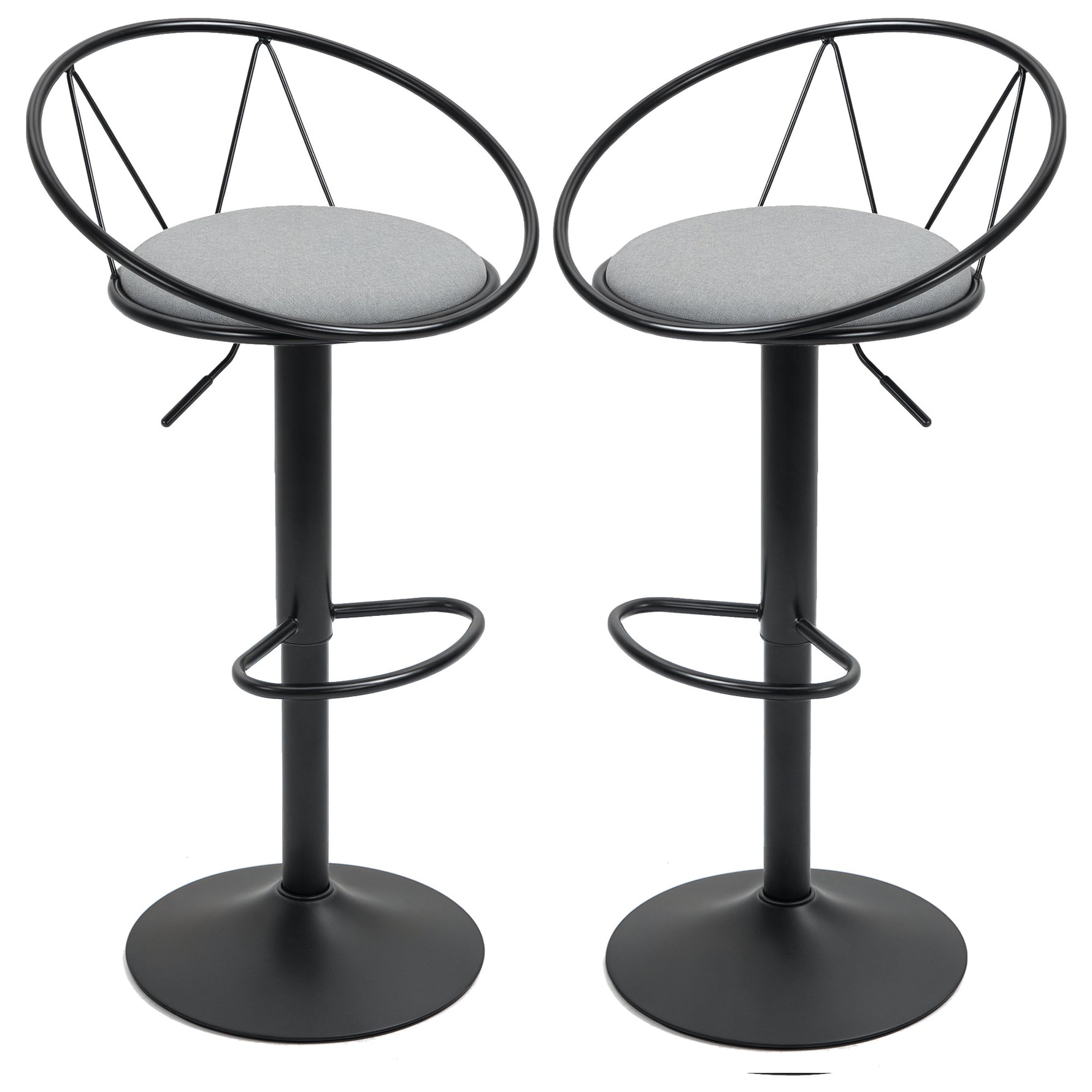 Lot de 2 tabourets de Bar Design néo-rétro réglable pivotant avec Repose-Pied métal Noir Lin Gris