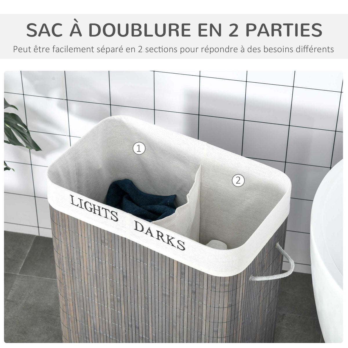 Panier à linge 100L avec 2 bacs bambou pliable couvercle poignée avec Sac amovible et lavable gris