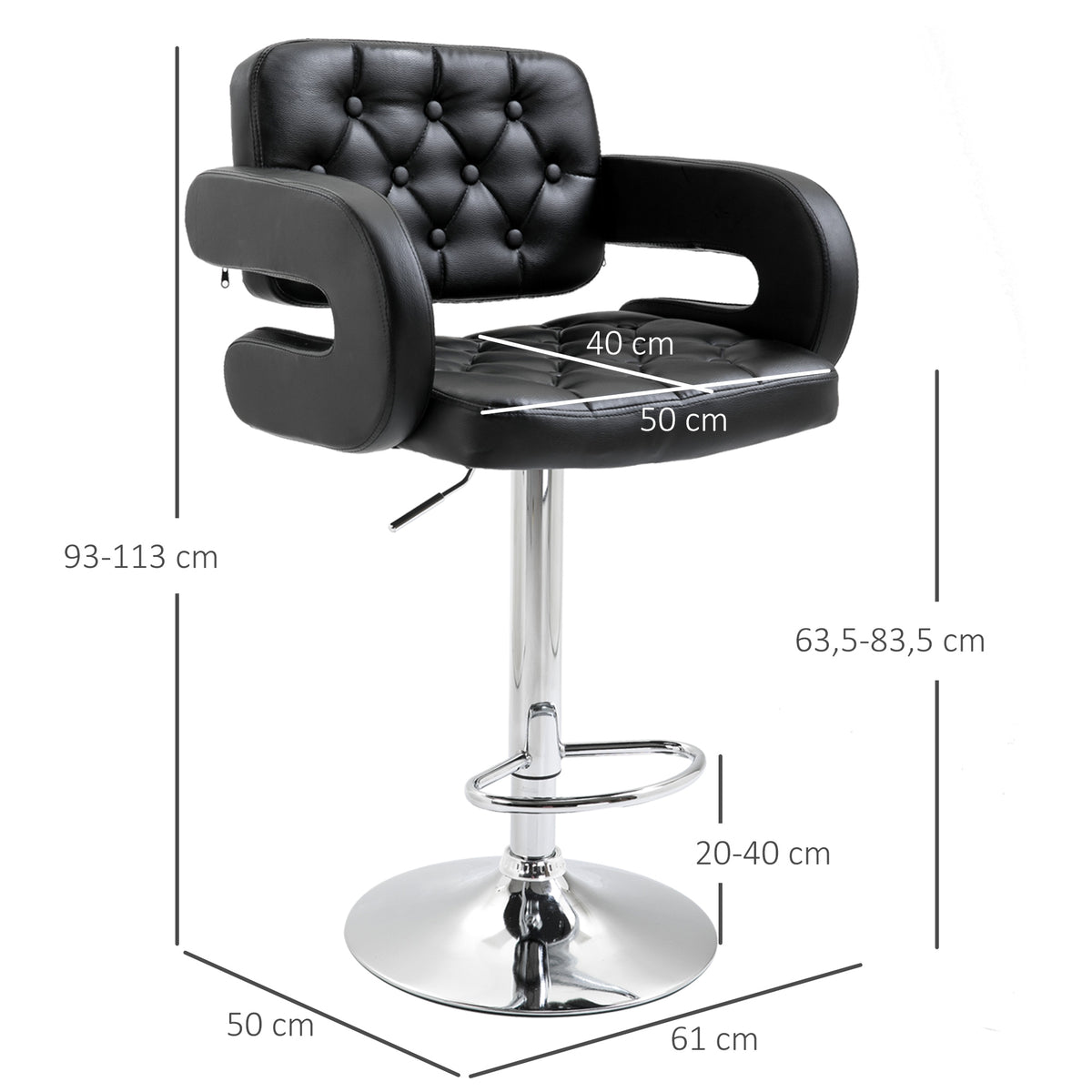 Tabouret de bar pivotant chaise de bar réglable en hauteur avec dossier repose-pieds et accoudoirs 61x50x93-113cm noir
