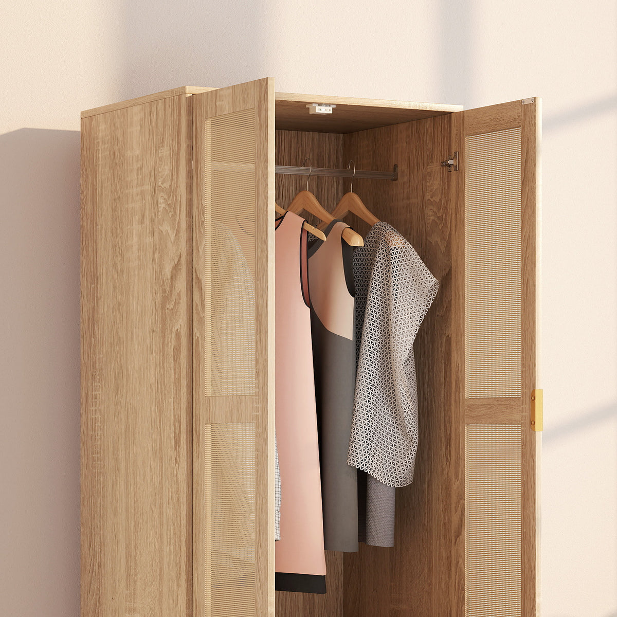 Schlafzimmerschrank mit 2 Rattantüren, 2 Schubladen und Kleiderstange, 63 x 47 x 185 cm, Naturholz