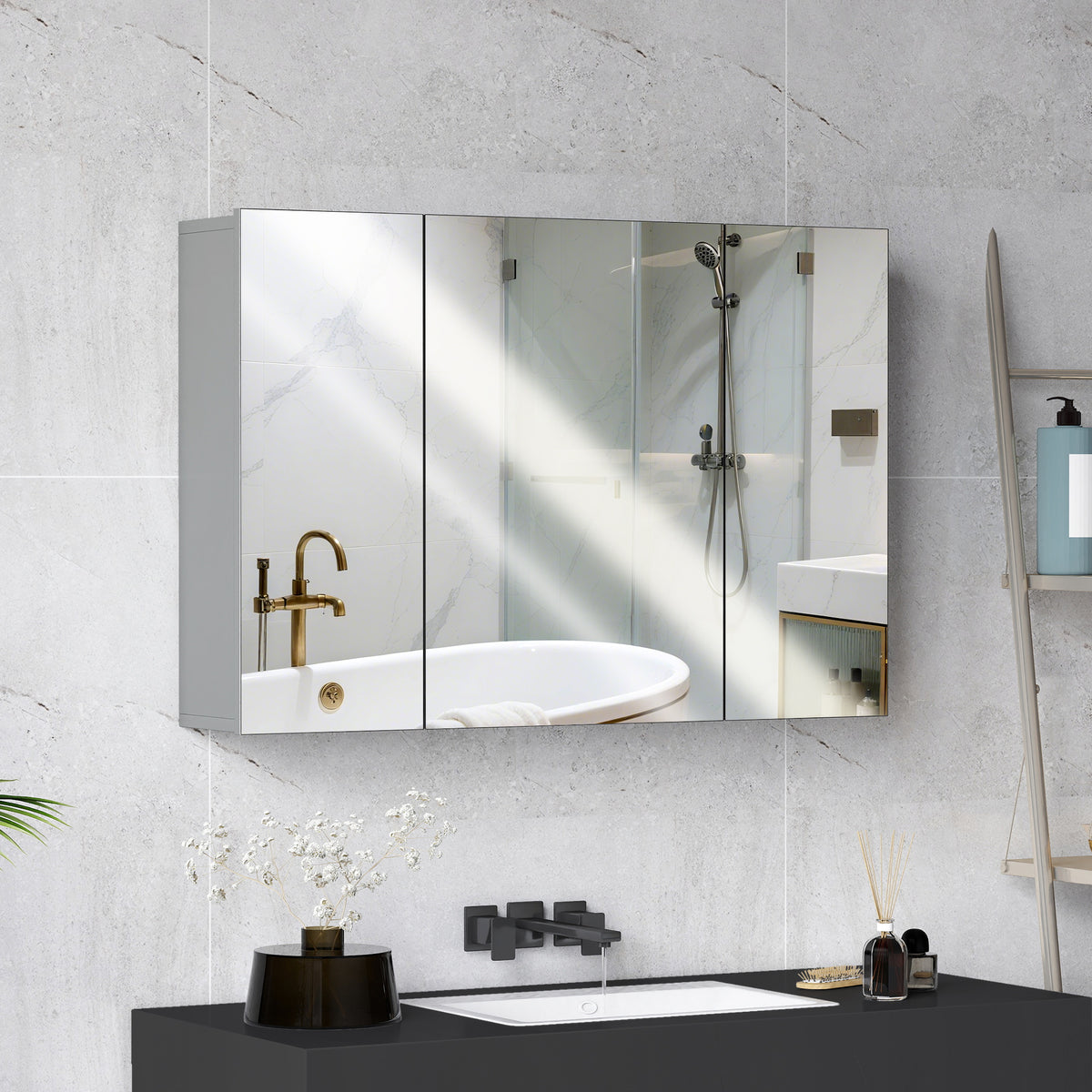 Armoire murale de salle de bain avec 3 portes miroir et étagères réglables en MDF Gris dim. 90L x 15l x 60H cm