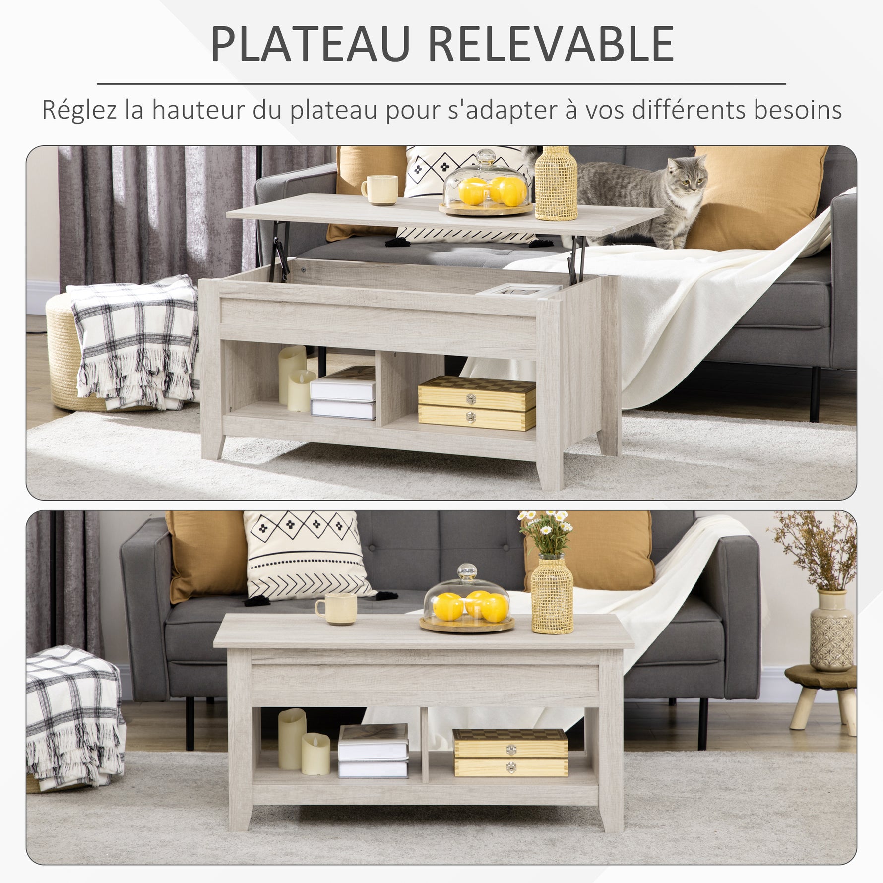 Table basse plateau relevable, table de salon avec étagères et compartiment caché,105 x 50 x 49-62,5 cm pour salon, chambre, aspect chêne clair