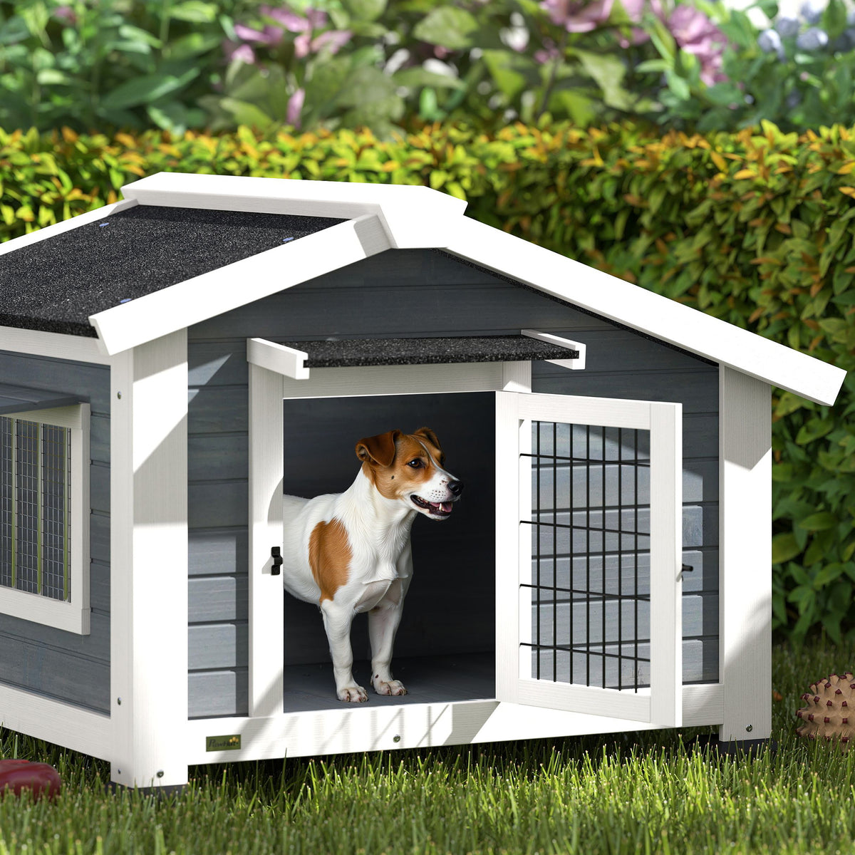 Niche pour Chien Extérieur Abri Jardin Surélevé Plancher Amovible Auvent de Porte et Toit Imperméable 98x76x69,5cm Gris