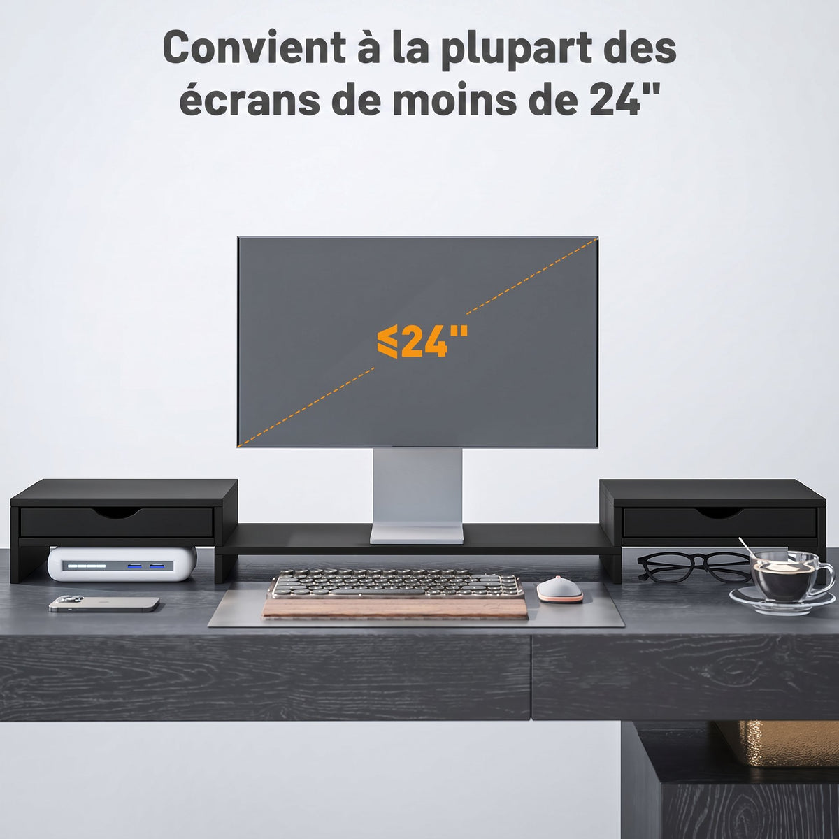 Rehausseur Écran PC Bureau, Support d'Écran d'Ordinateur de 60-116 cm avec 2 Tiroirs, Longueur et Angle Réglables Noir