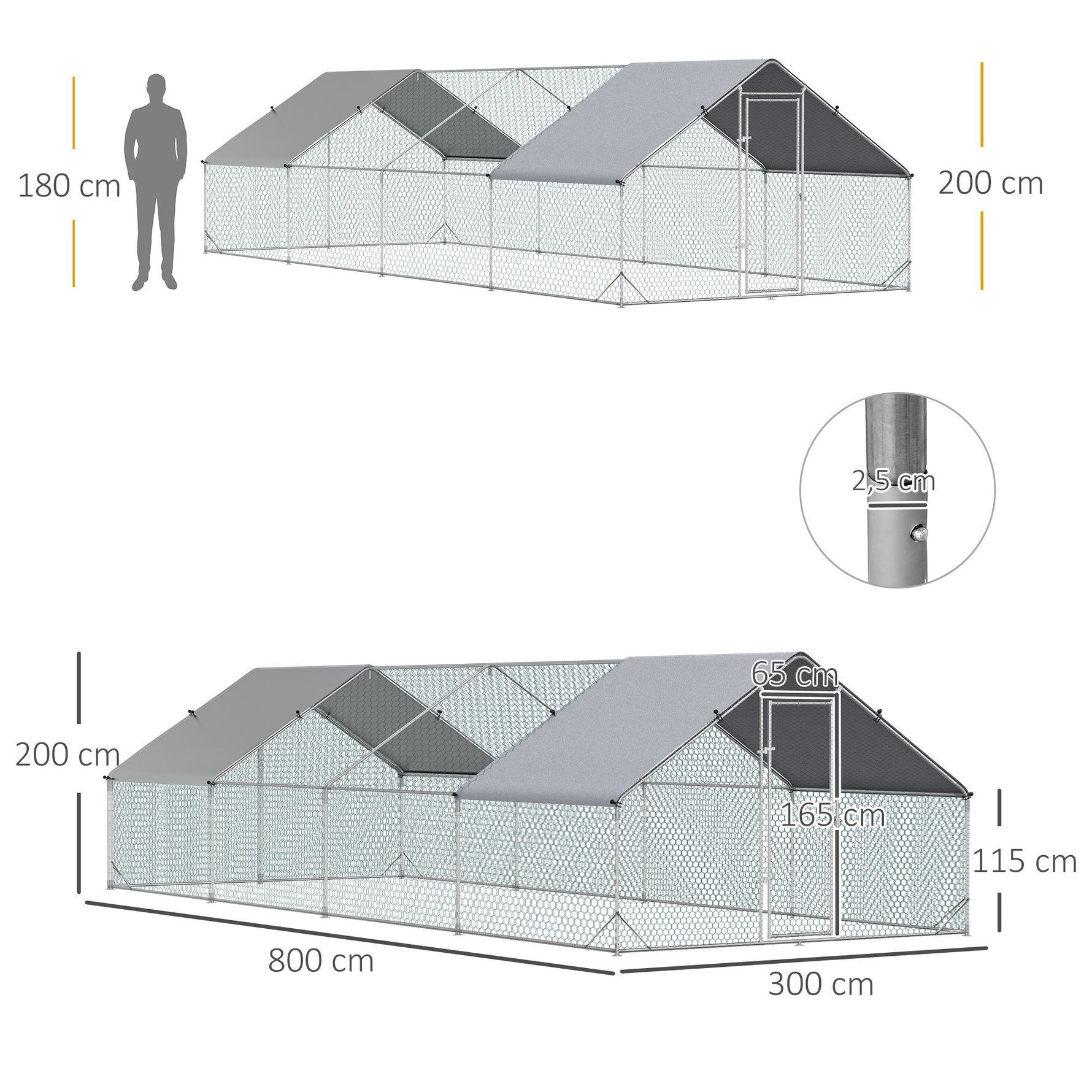 Enclos poulailler chenil volière extérieur 24 m² - Parc grillagé dim. 3L x 8l x 2H m - Espace Couvert - Acier galvanisé
