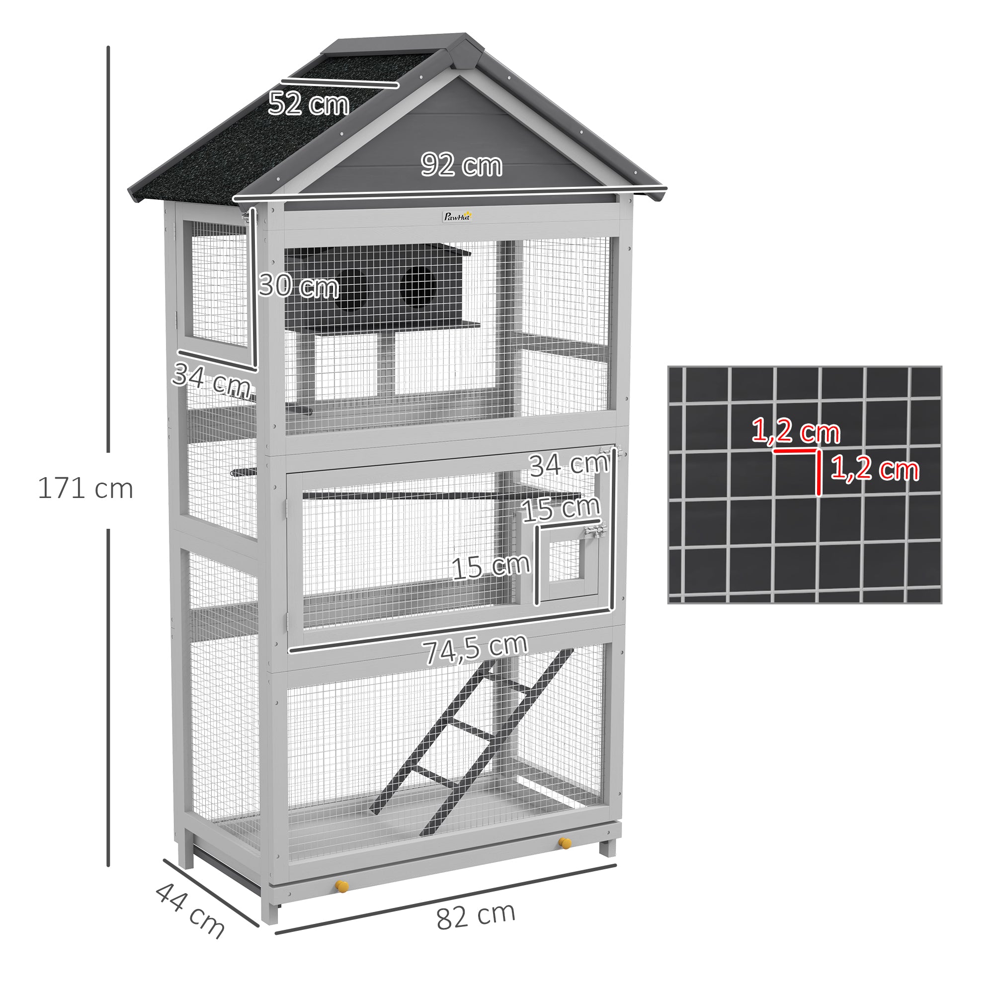 Houten vogelkooi papegaaienkooi speelplaats waterdicht asfalt dak 92 x 52 x 171 cm grijs