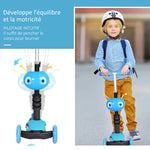 3 en 1 Trottinette pour Enfants Trottinette 3 Roues évolutive Hauteur Guidon réglable charge max. 50 Kg Canne télescopique Selle Dossier Amovible Bleu