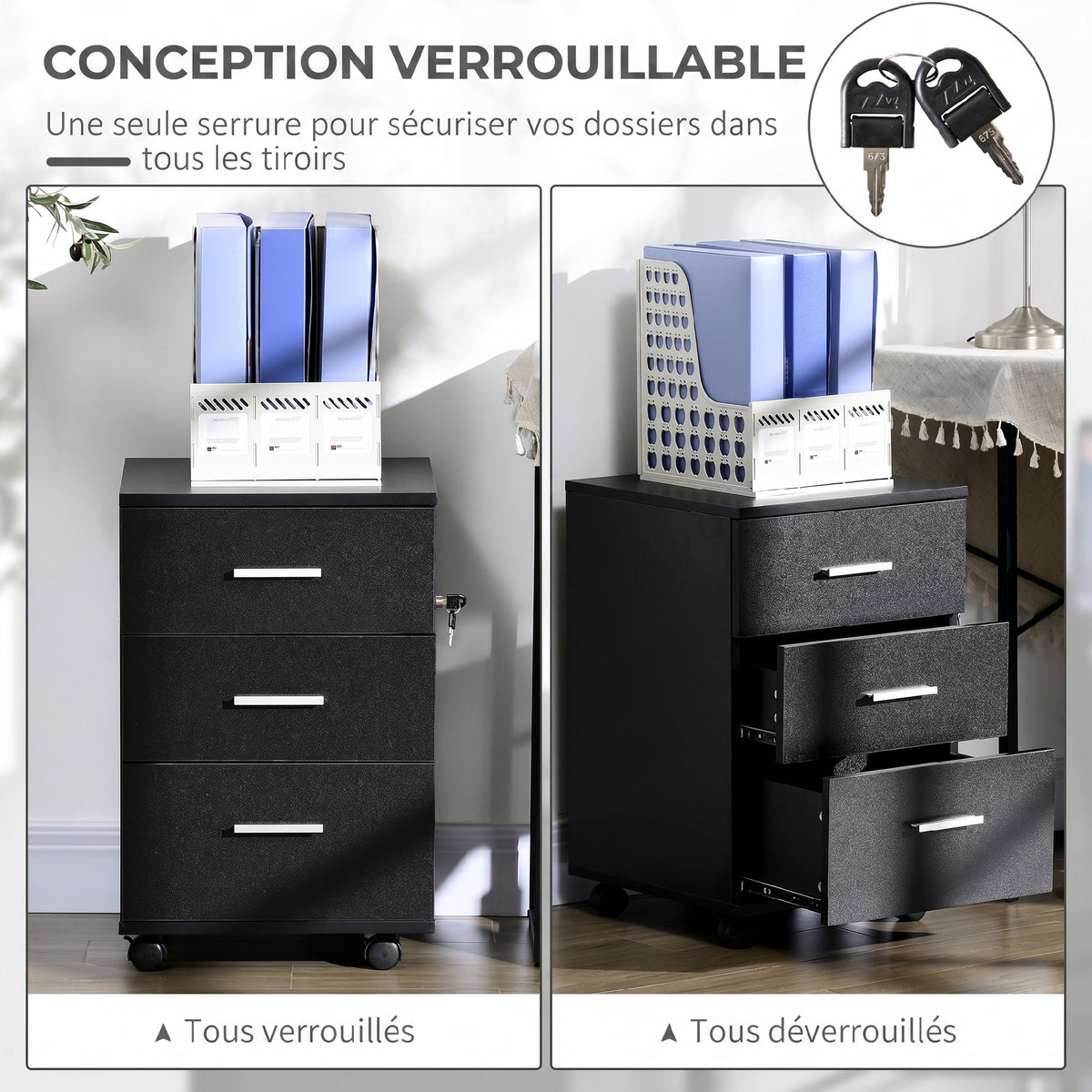 Caisson de Bureau Rangement Bureau sur Roulettes 3 Tiroirs Verrouillables 40 x 40 x 61,5 cm Noir