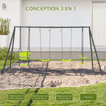 Balançoire 4 agrès portique avec balançoire - dim. 3,55L x 1,84l x 1,86H m métal époxy anticorrosion PE Gris