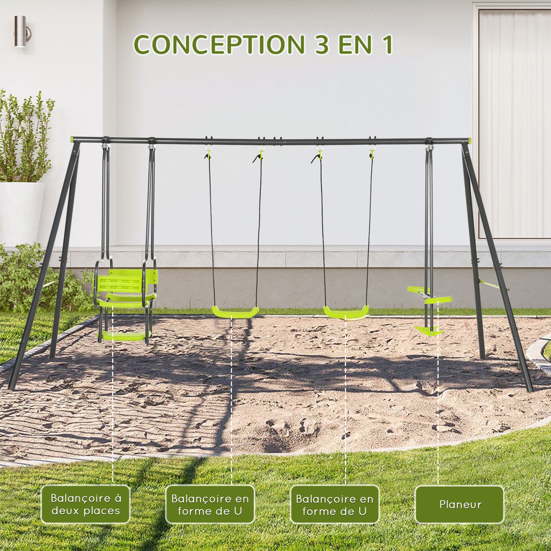 Balançoire 4 agrès portique avec balançoire - dim. 3,55L x 1,84l x 1,86H m métal époxy anticorrosion PE Gris