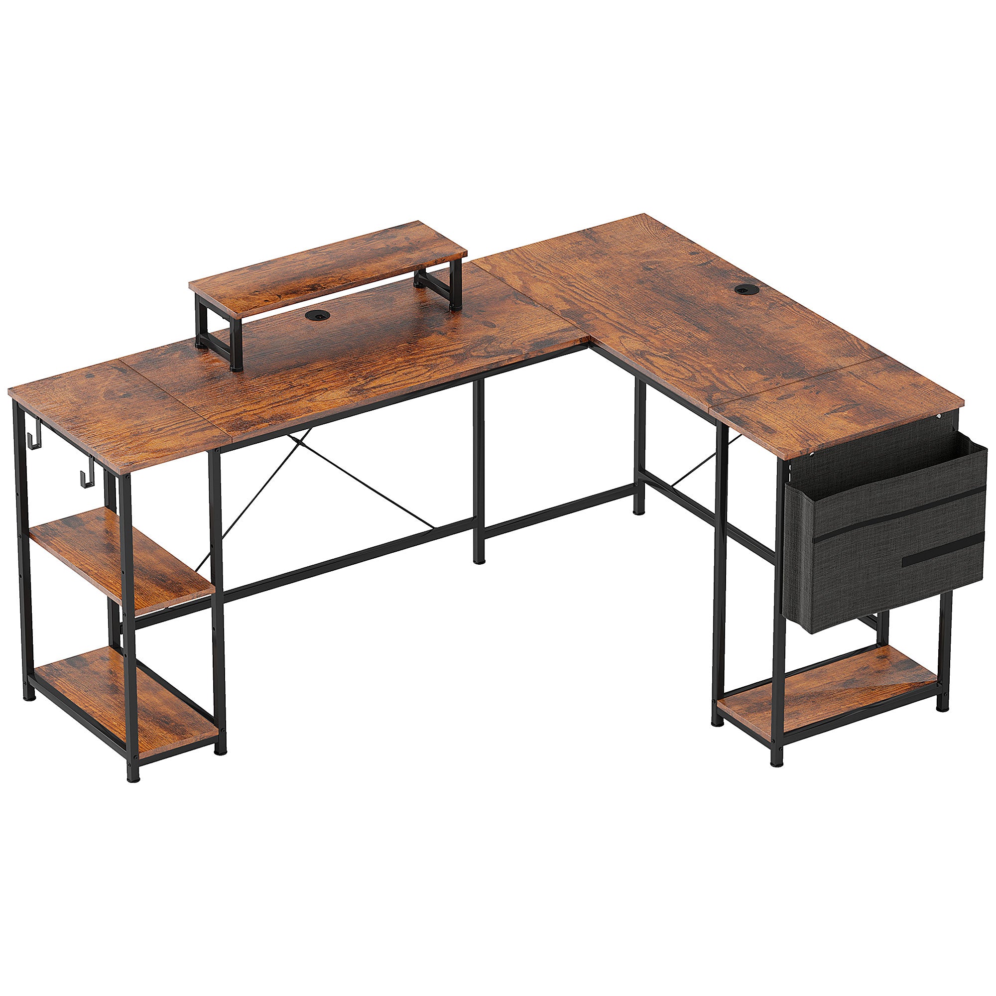 Bureau d'angle réversible, 168-240 cm, bureau d'ordinateur avec étagère réglable, support d'écran, brun rustique