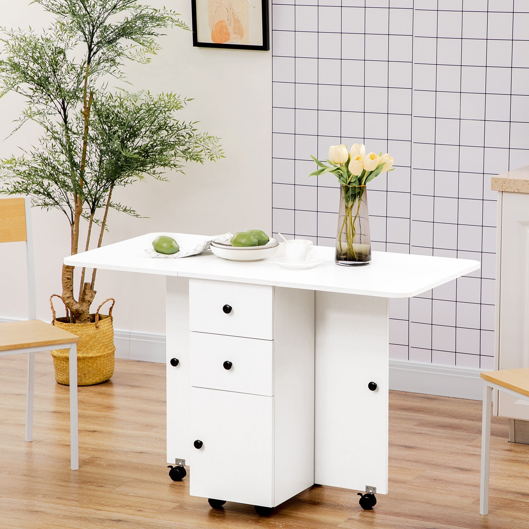 Table de cuisine pliable table à manger pliante 2 plateaux rabattables avec 2 tiroirs 1 placard blanc