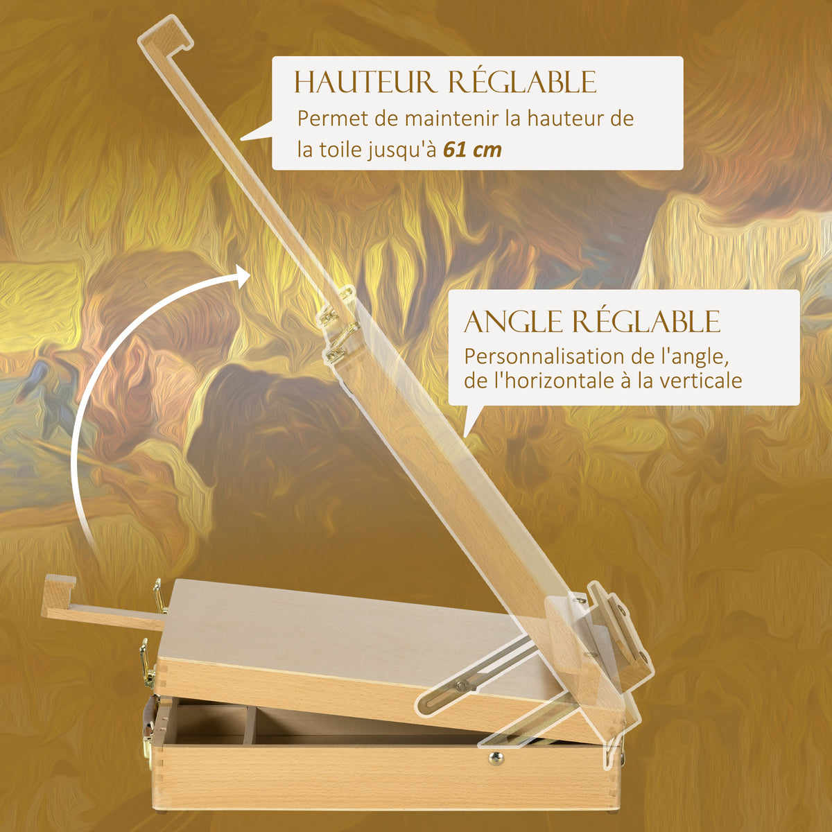 Chevalet de table en bois pour toile jusqu'à 61 cm bois de hêtre planche à dessin pliante bois naturel