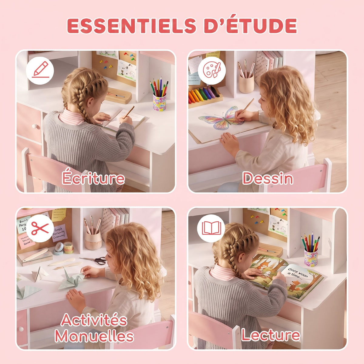 Bureau Enfant avec Chaise, Table d'Étude, Support de Tablette Réglable, Porte-Stylos, Panneau en Liège, 5-12 ans, Rose