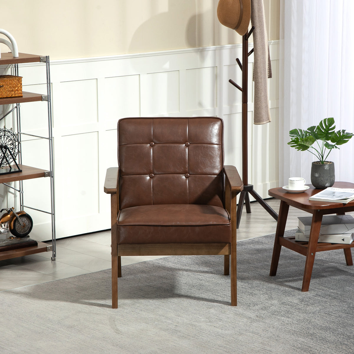 Fauteuil de salon, fauteuil de chambre en cuir synthétique, dossier capitonné, pieds en bois massif, 64x73x81cm, marron