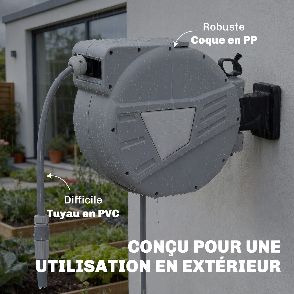 Enrouleur Tuyau Arrosage Mural 20+1,6m x Ø 15mm, Dévidoir de Tuyaux d'Eau Rétractable Automatique Pivotant à 180°, Gris