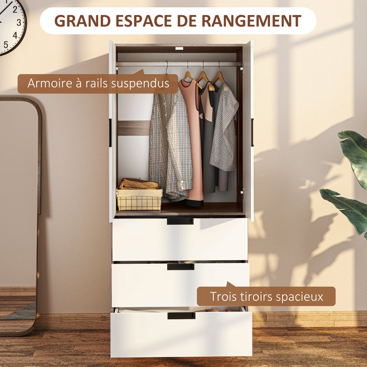 Armoire 2 portes, armoire moderne avec 3 tiroirs et tringle de suspension pour chambre à coucher, marron