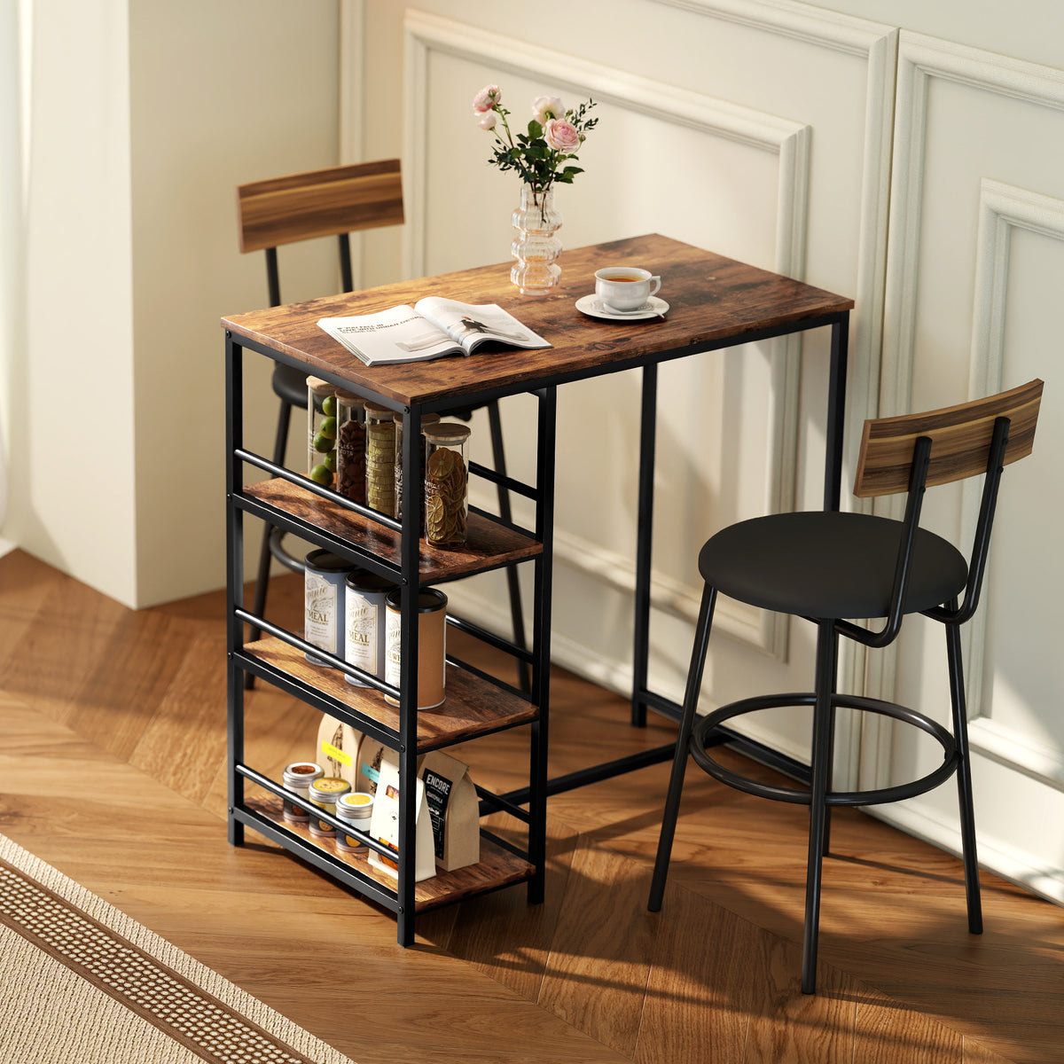 Mesa de bar alta con 3 estantes de almacenamiento y estructura de acero, 90 x 50 x 90,5 cm, marrón rústico, negro