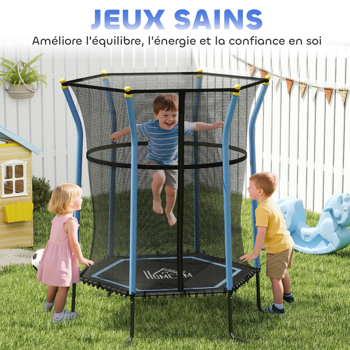 Trampoline pour enfant 1,22 x 1,11 x 1,9 m filet de sécurité porte zippée 6 poteaux rembourrés inclus bleu noir