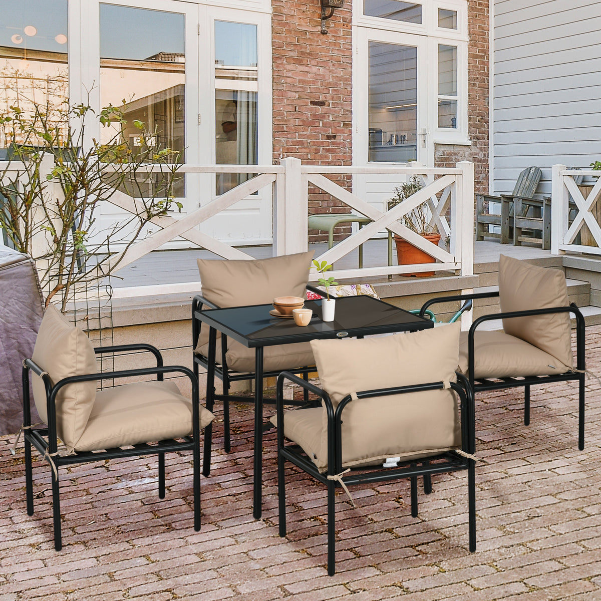 Salon de jardin ensemble table et chaises 5 pièces 1 table à manger carrée et 4 chaises 4 coussins