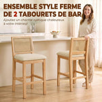 2er-Set Barhocker, Barstühle mit Rückenlehne in Rattan-Optik, gepolsterte Sitzfläche aus Chenille, 66 cm Sitzhöhe, Creme