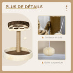 Arbre à chat griffoir grattoir en forme de patte 2 plateformes et un pompon suspendu hauteur 44 cm marron