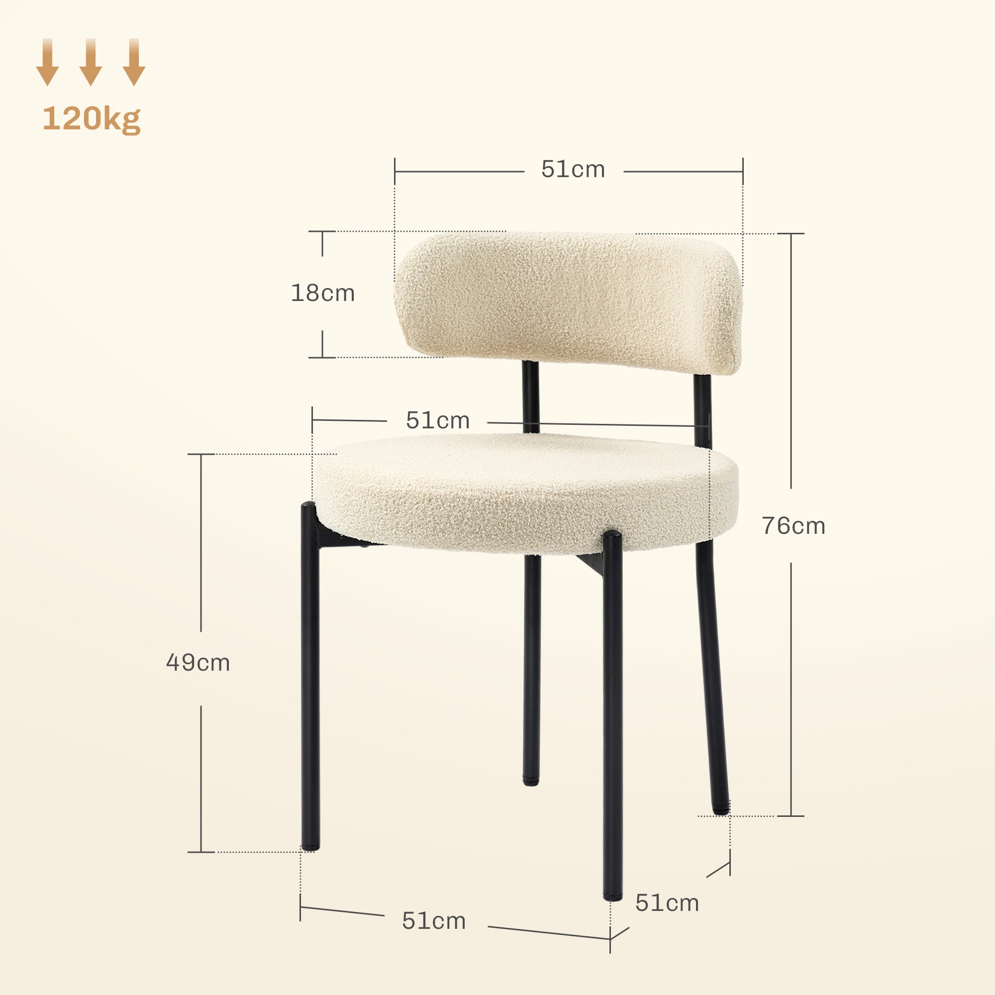 Juego de 2 sillas de comedor con respaldo de tela y patas de acero 51 x 51 x 76 cm beige negro