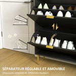 Meuble à chaussures 12 paires avec 2 tiroirs rabattables, portes cannelées et étagères réglables, 60x24x91,5cm, noir