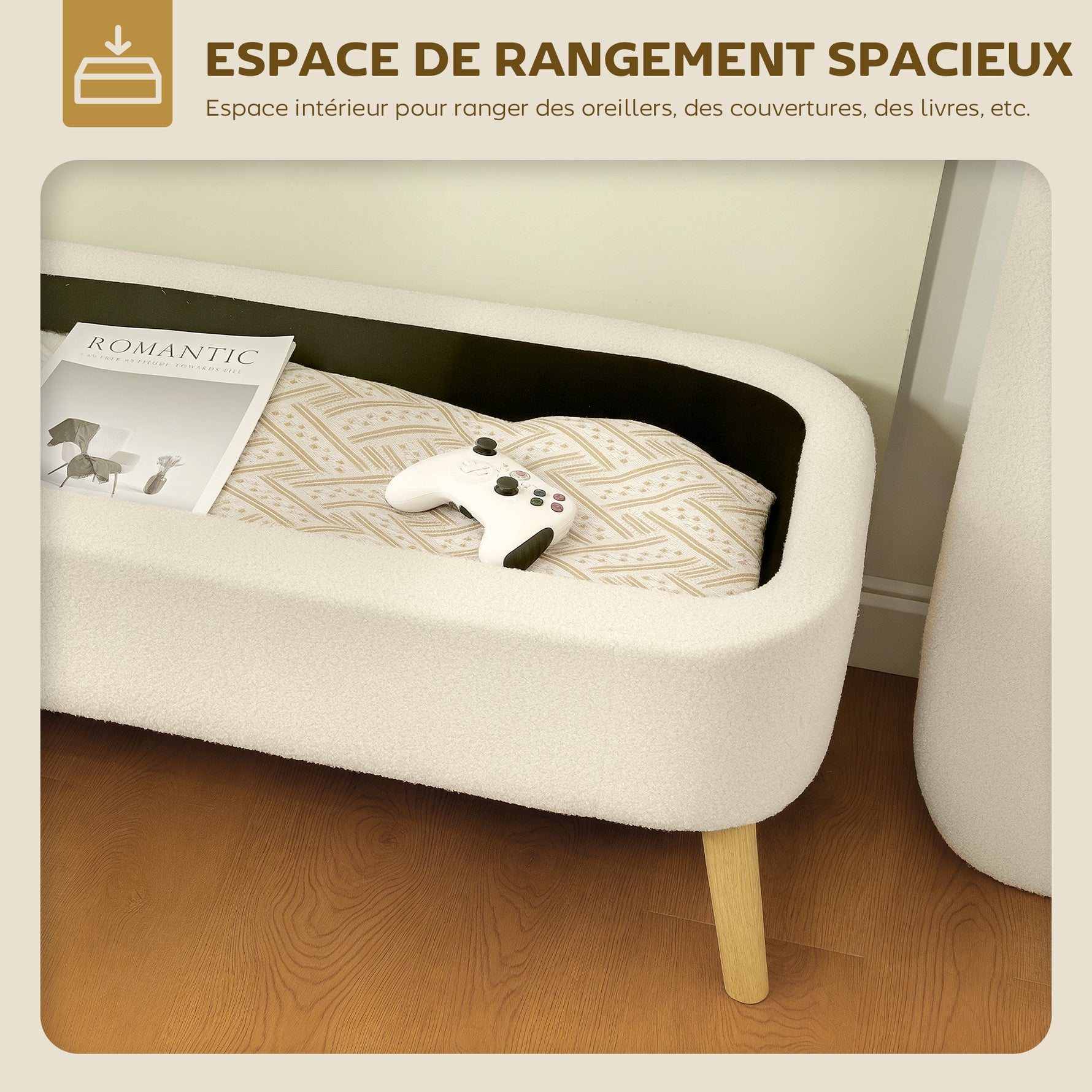 Banc de rangement, bout de lit avec couvercle, pieds en bois, capacité 65 L, jusqu'à 220 kg, 120x42x45cm, beige