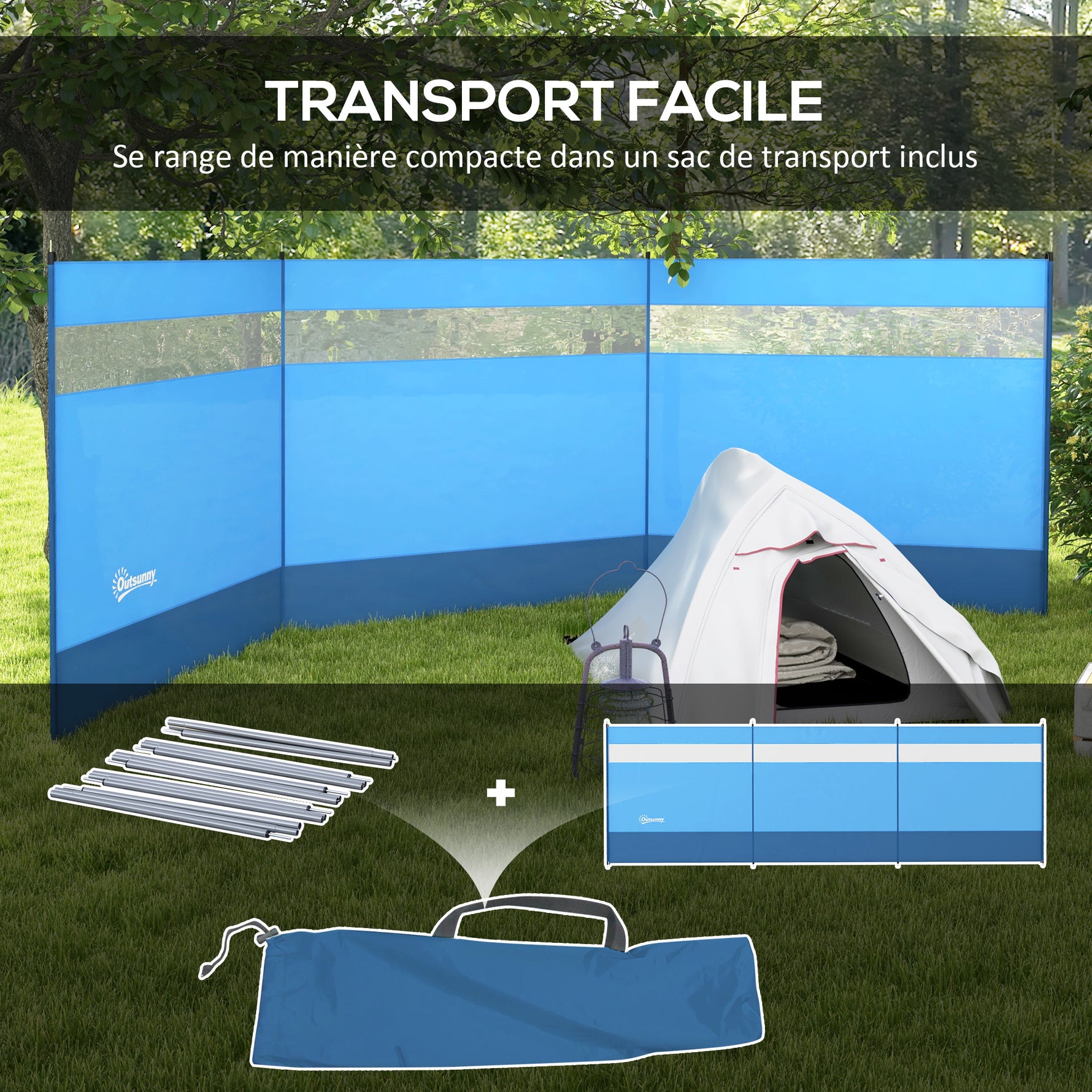 Paravent brise-vent de camping portable pliable avec sac de transport et poteaux en acier dim. 440 cm x 140 cm bleu