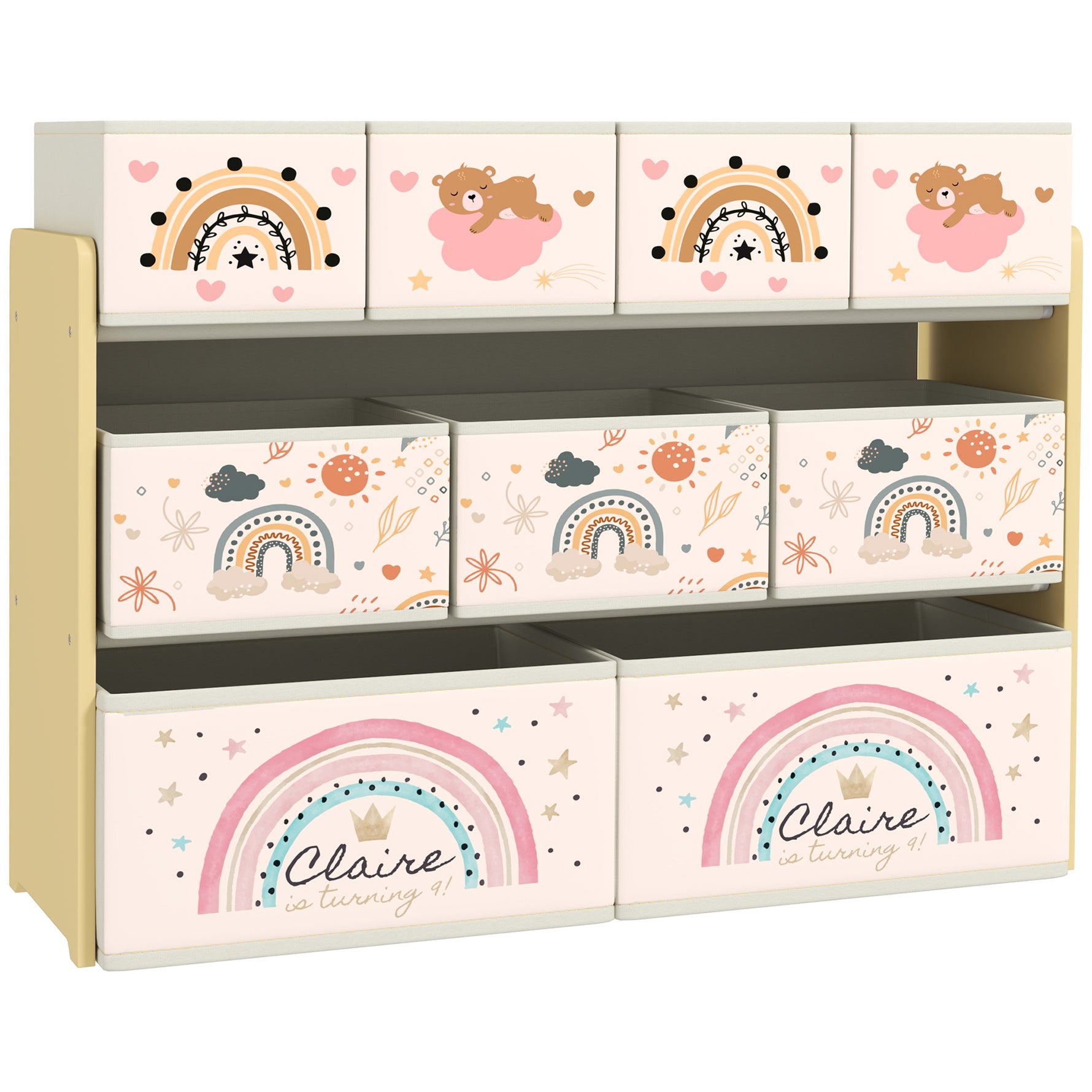 Étagère de rangement enfant étagère à 3 niveaux avec 9 boîtes en tissu non tissé 93 x 30 x 70 cm jaune-0
