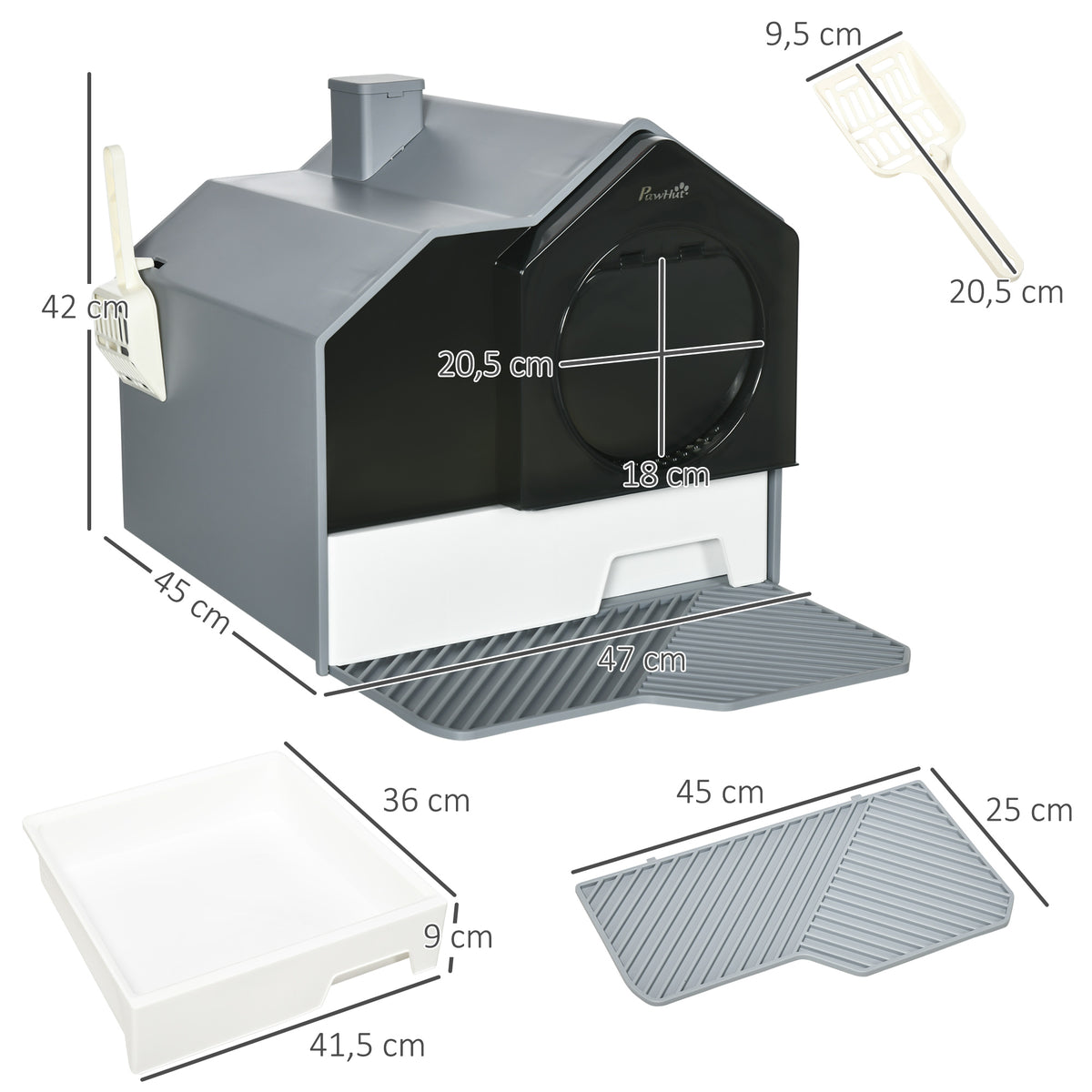 Maison de toilette bac à litière pour chat design maisonnette avec pelle, filtre et tapis dim. 47L x 45l x 42H cm