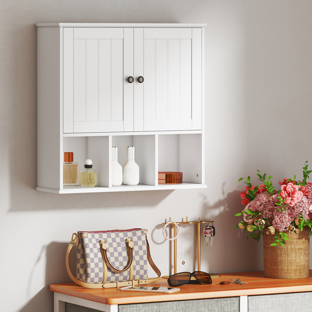 Armoire murale de salle de bain, meuble de rangement avec 2 portes, étagère réglable et compartiments ouverts, blanc