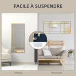 Miroir mural verrière rectangulaire style fenêtre, horizontal ou vertical avec 4 crochets, en métal doré - 110x50 cm