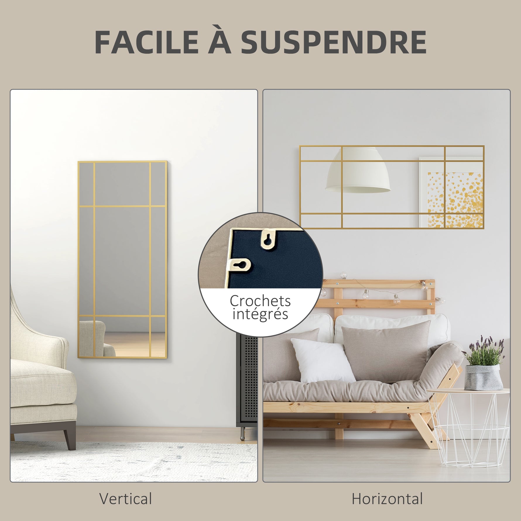 Miroir mural verrière rectangulaire style fenêtre, horizontal ou vertical avec 4 crochets, en métal doré - 110x50 cm