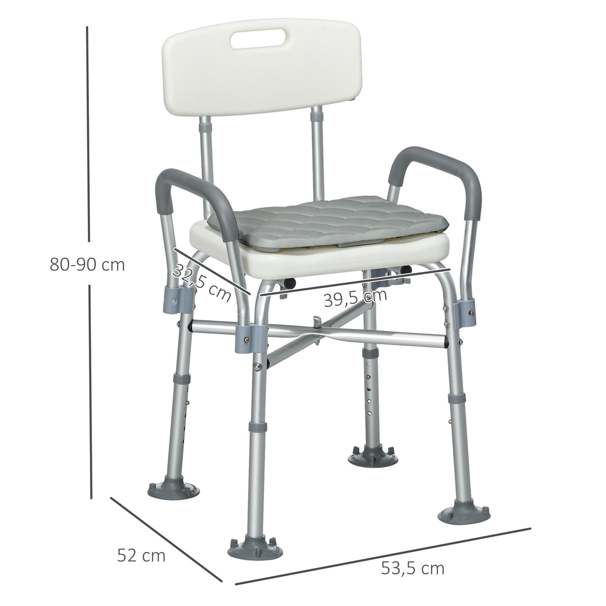 Tabouret de Douche Réglable en Hauteur à 5 Niveaux, Chaise de Douche, Accoudoirs Rembourrés et Coussin Amovible, Gris