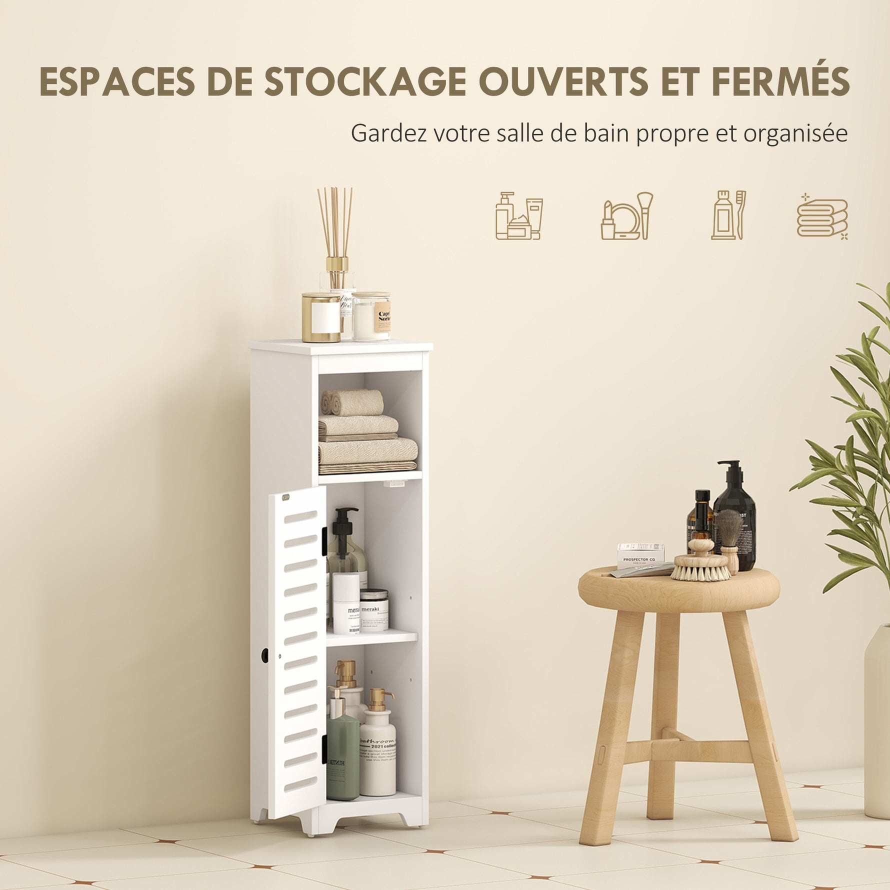 Meuble salle de bain, armoire salle de bain 4 niveaux  porte persienne, étagère ouvert, 22x20x75cm, blanc