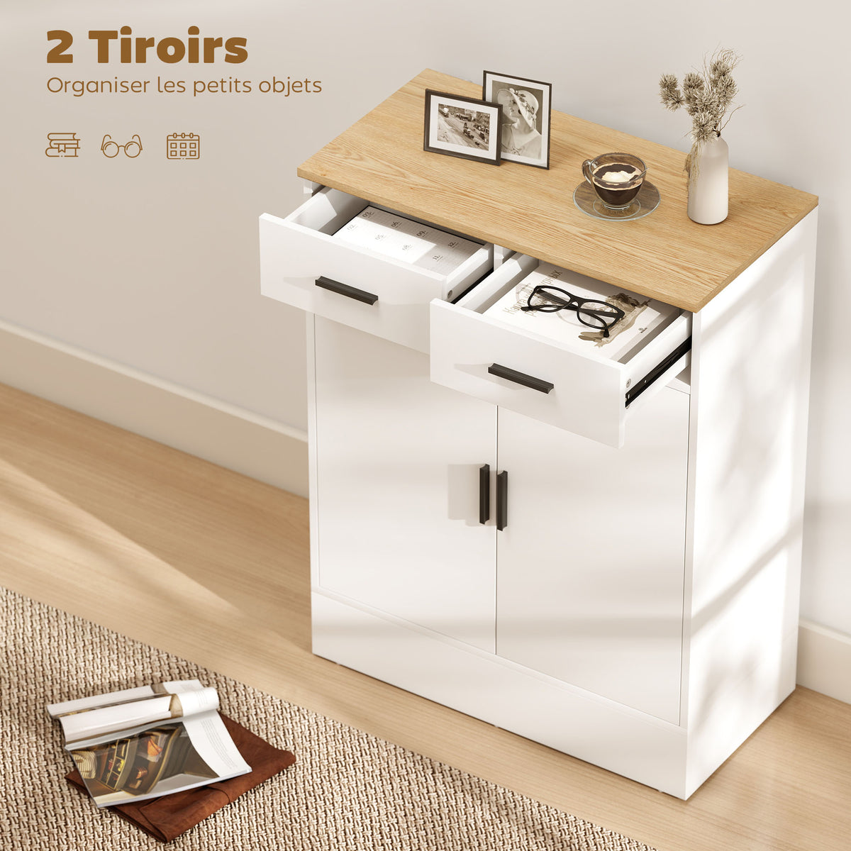 Buffet, meuble de rangement avec 2 portes, 2 tiroirs et étagère réglable, 68,6 x 35 x 90,3 cm, bois naturel et blanc