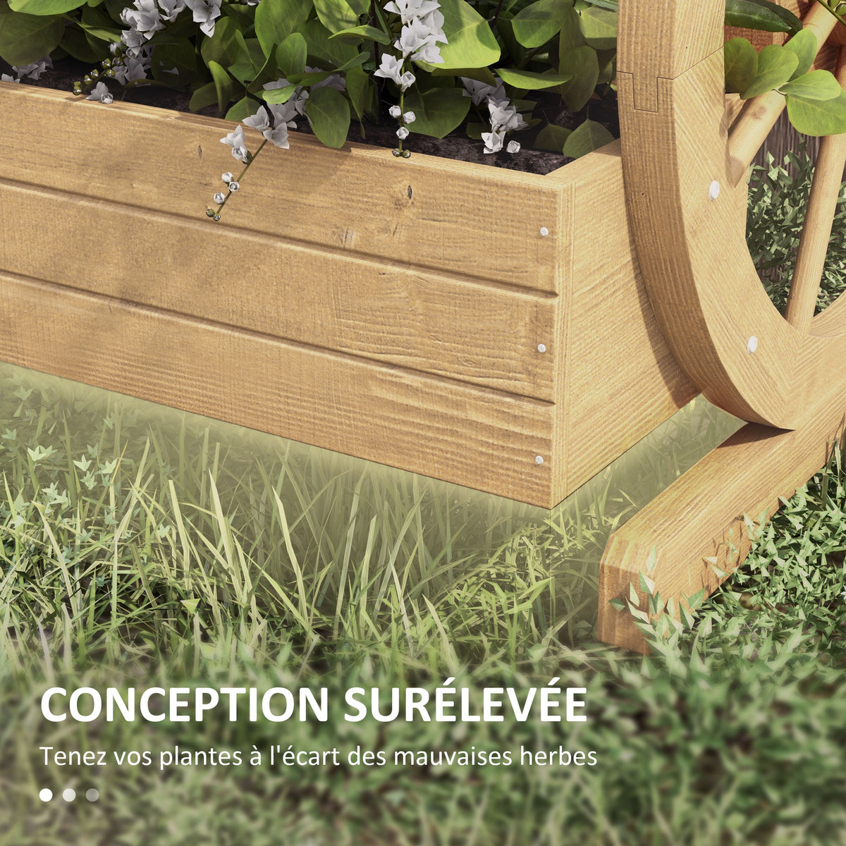 Jardinière sur Pieds carré Potager 3 étages avec 2 roues Charrette Bois Sapin, dim. 62L x 61l x 57H cm