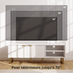 Meuble TV banc TV pour téléviseur jusqu'à 70 pouces - placard à 2 portes cannelées, compartiment ouvert et passe-câbles