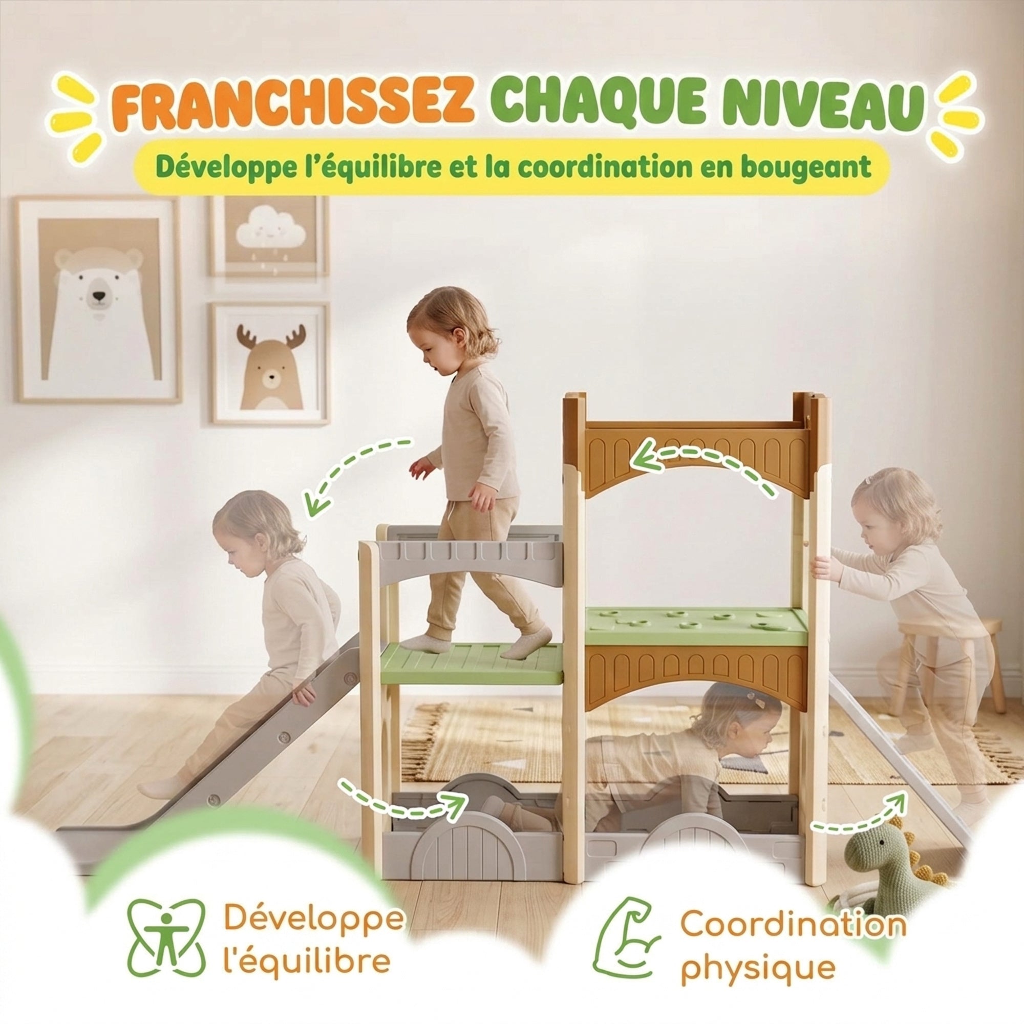 Toboggan pour Enfant 5 en 1 avec Mur d'Escalade, Espace de Rangement et Doubles Plateformes, 3 à 6 Ans, Multicolore