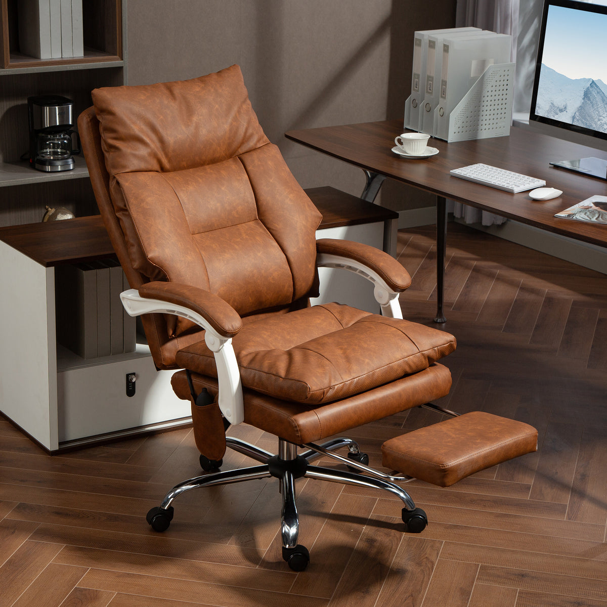 Chaise bureau ergonomique fauteuil de bureau en PU soutien lombaire gonflable dossier inclinable hauteur réglable marron