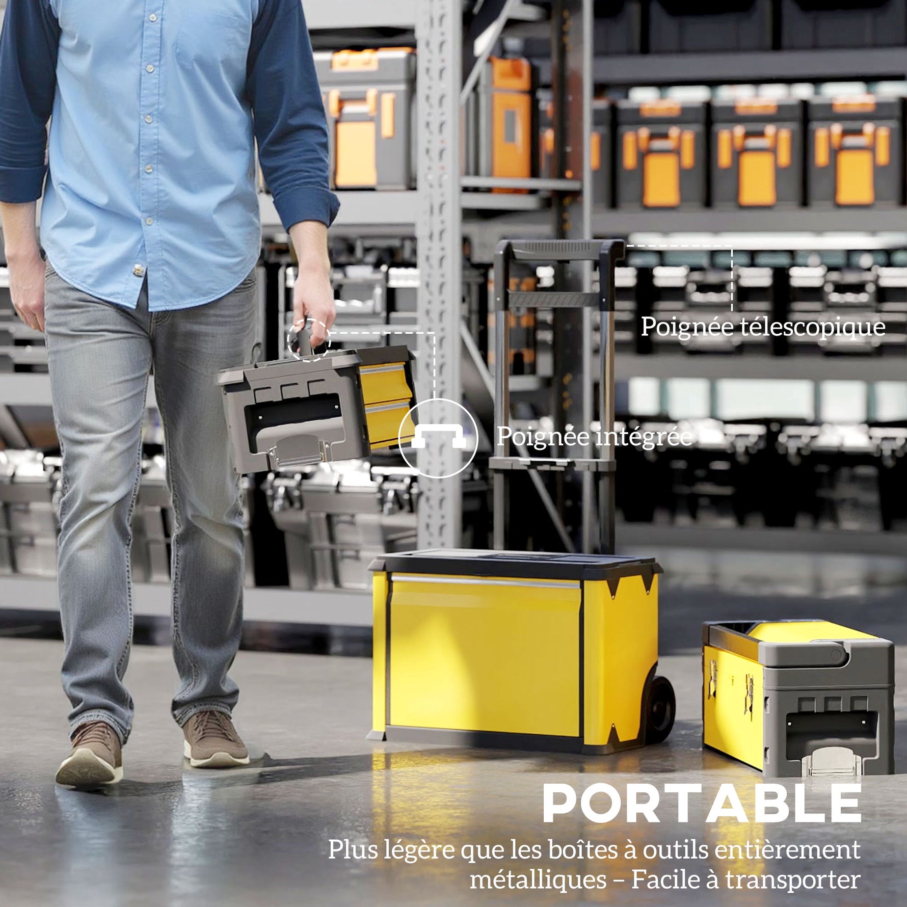 Lot de 3 boîtes à outils sur roulettes empilables et modulaires en acier avec plateau, poignées et serrure, jaune